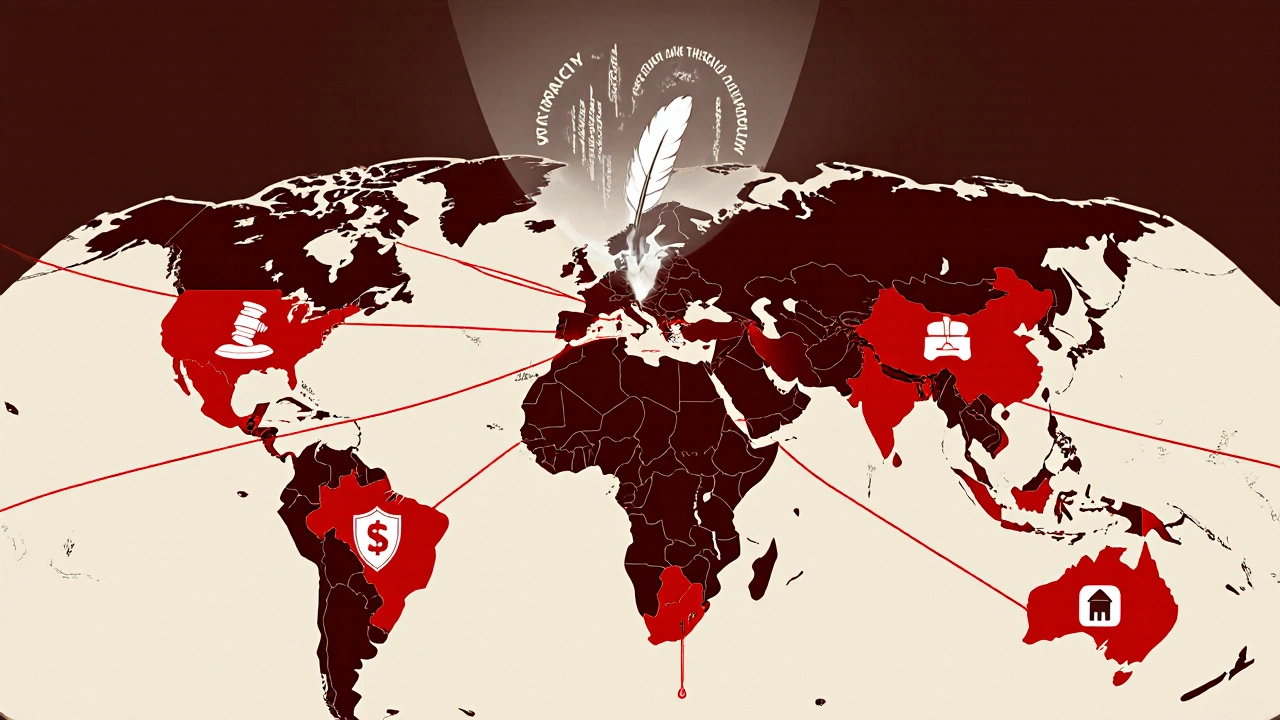 A global map with warning lines connecting the U.S. to countries, symbolizing legal risks of online publishing.