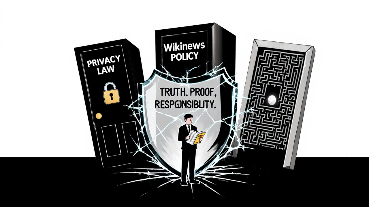 A shattered policy shield overwhelmed by legal threats, with a journalist holding a notebook marked &#039;Truth. Proof. Responsibility.&#039;