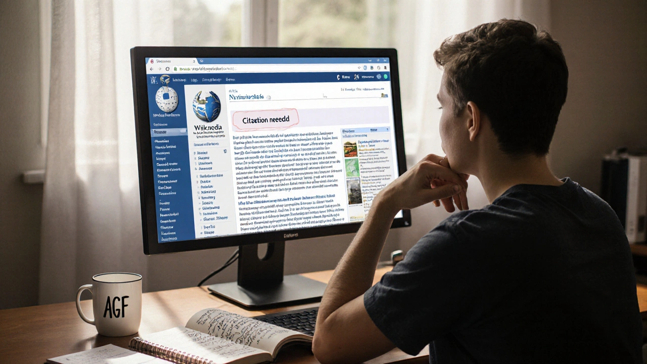 A new editor studying a Wikipedia article with a &#039;Citation needed&#039; banner, surrounded by books and notes.