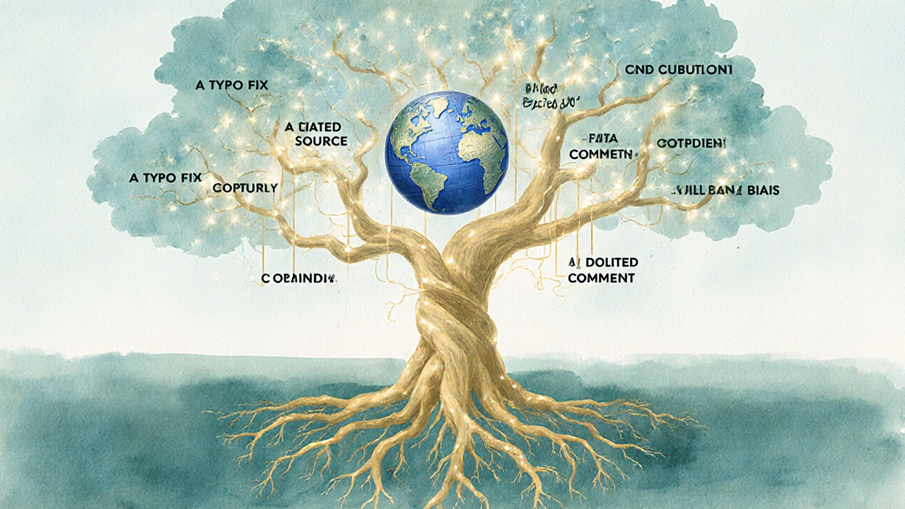 An abstract tree with roots shaped like Wikipedia&#039;s five pillars, growing toward an encyclopedia globe.