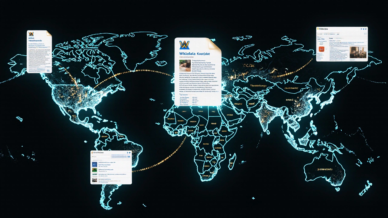 Global network of light trails linking Wikipedia articles to a central Wikidata item with DOI and ORCID.