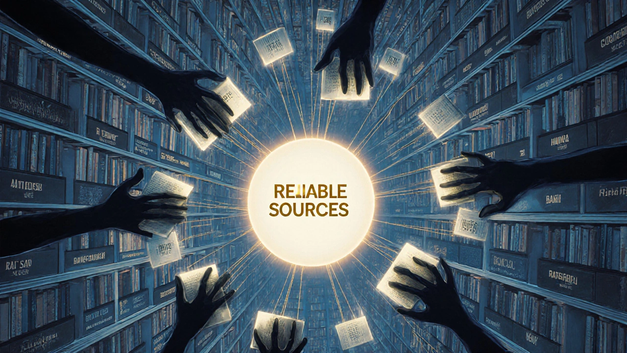 Infinite library of world religions connected by threads to a central source orb.