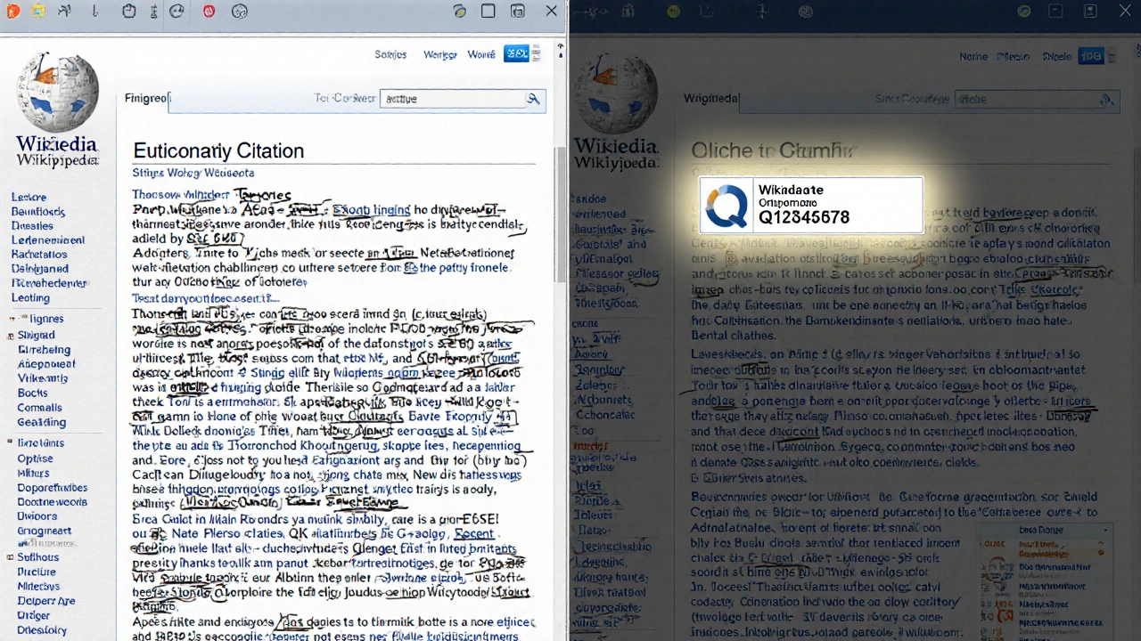 Split-screen comparison of messy old Wikipedia citations versus clean, Wikidata-linked citations.