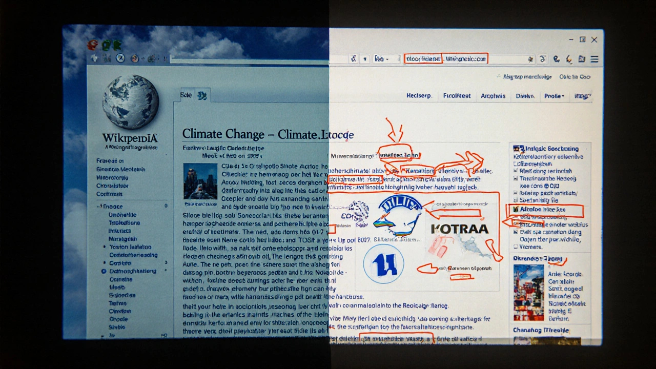 Split-screen of clean Wikipedia article versus chaotic Talk page with corporate and foreign edit markers