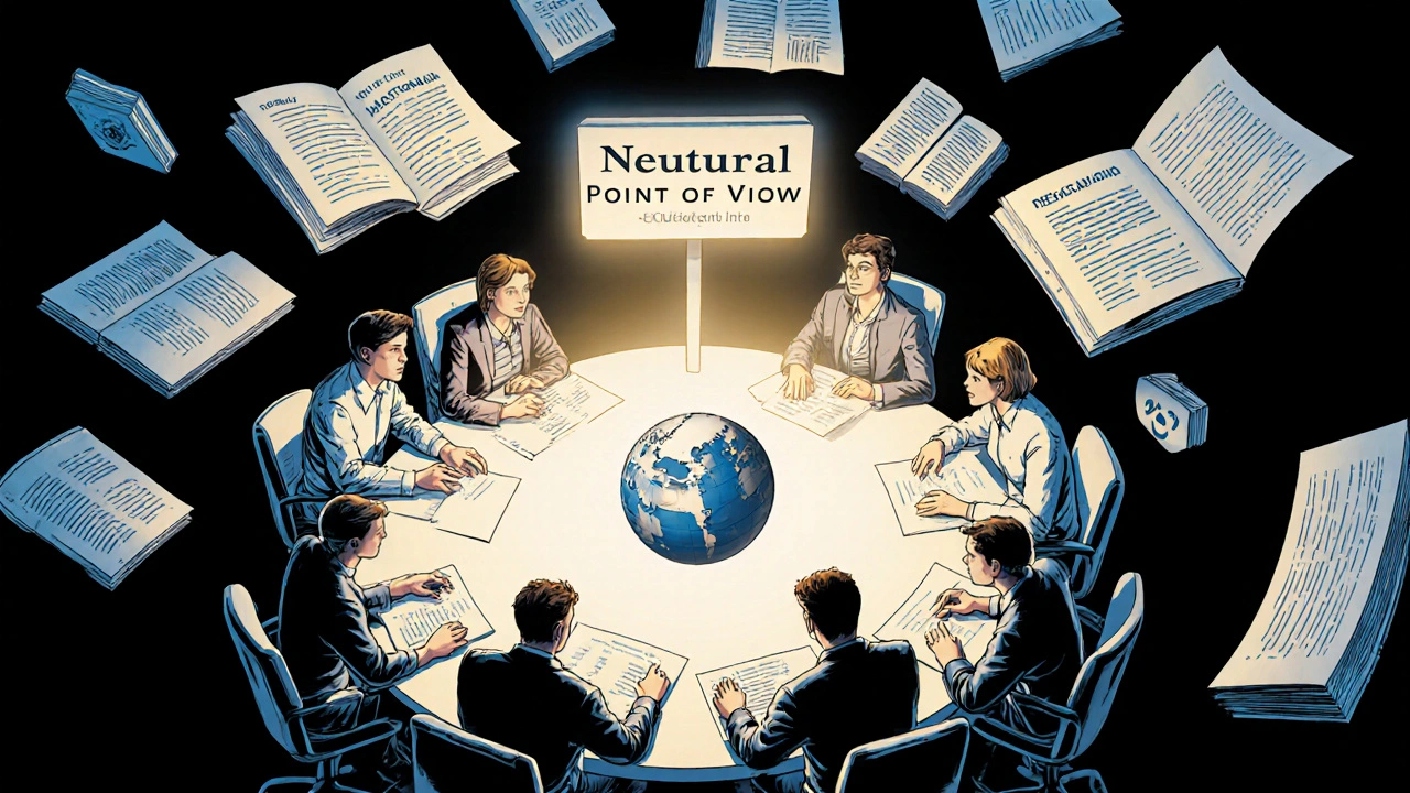 Wikipedia editors balancing religious claims with reliable sources in a comic book style.