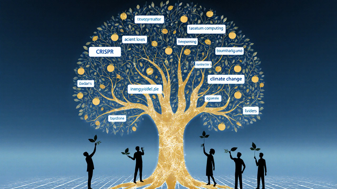 A glowing tree with citation roots and scientific terms as fruit, symbolizing knowledge growth on Wikipedia.