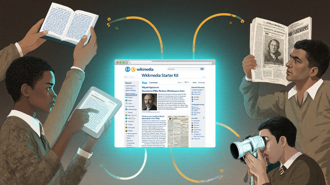 A student in Kenya reads a Wikibook, while a historian in Brazil and a photographer in India use other Wikimedia projects.