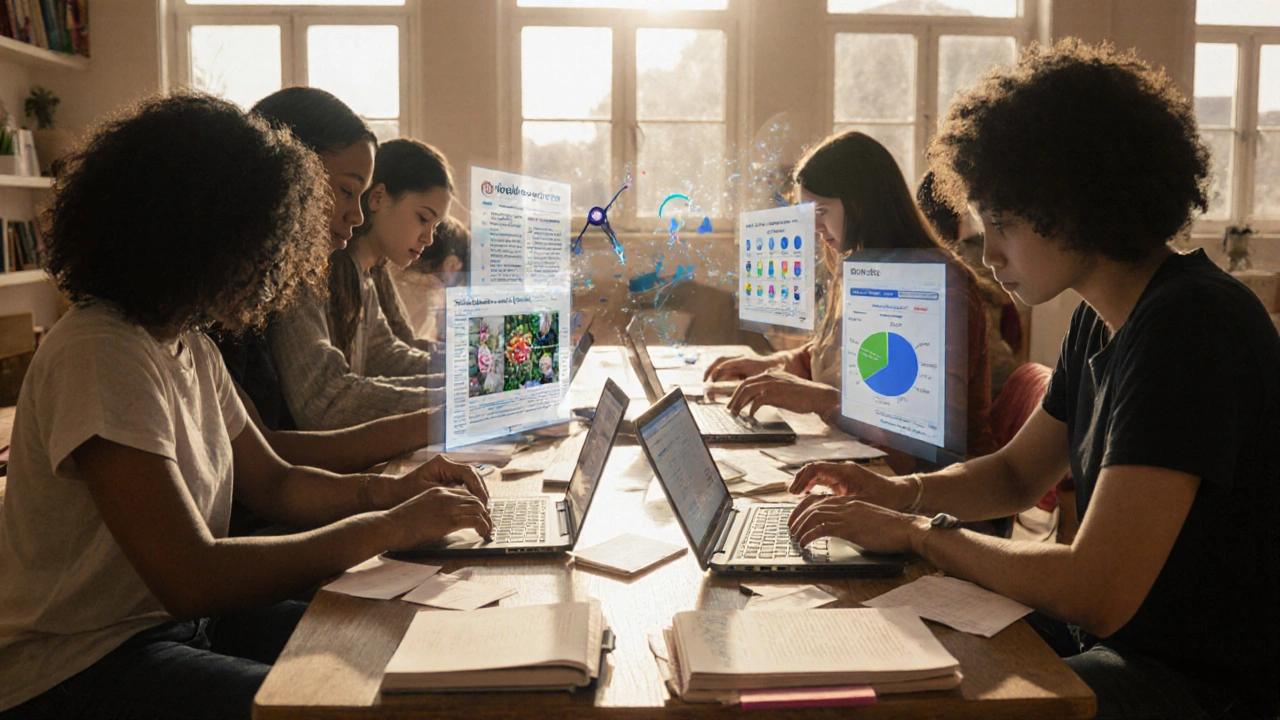 Diverse volunteers editing Wikimedia projects together in a sunlit space with floating data visuals.