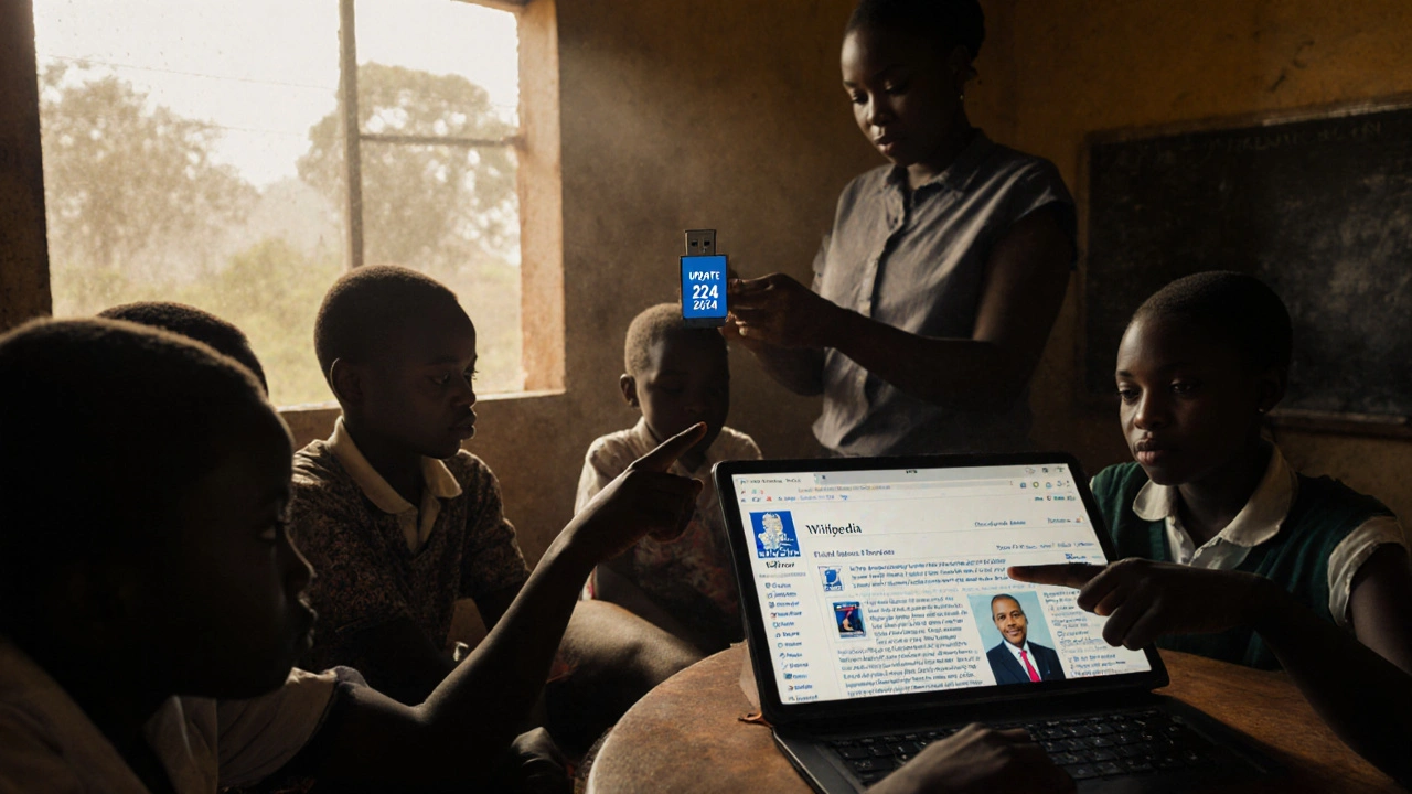 Students in Malawi using an outdated offline Wikipedia tablet in a rural classroom.