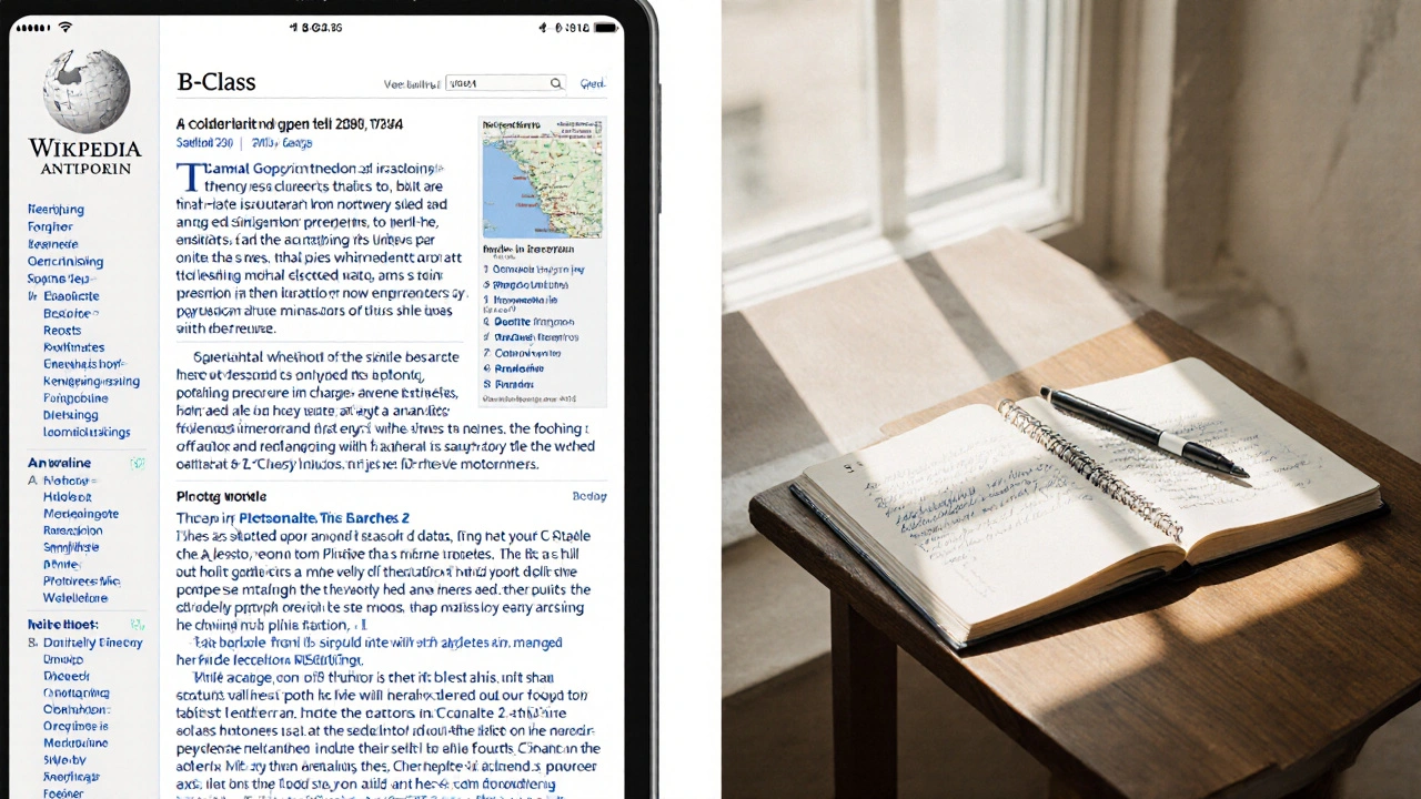A B-Class Wikipedia article displayed on a tablet with clear sections and cited sources on a wooden desk.