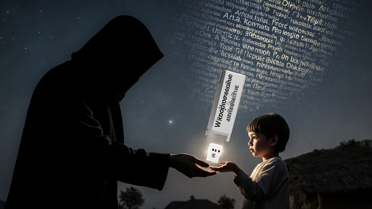 A child receives an offline Wikipedia USB drive as censorship fades into a constellation of knowledge.