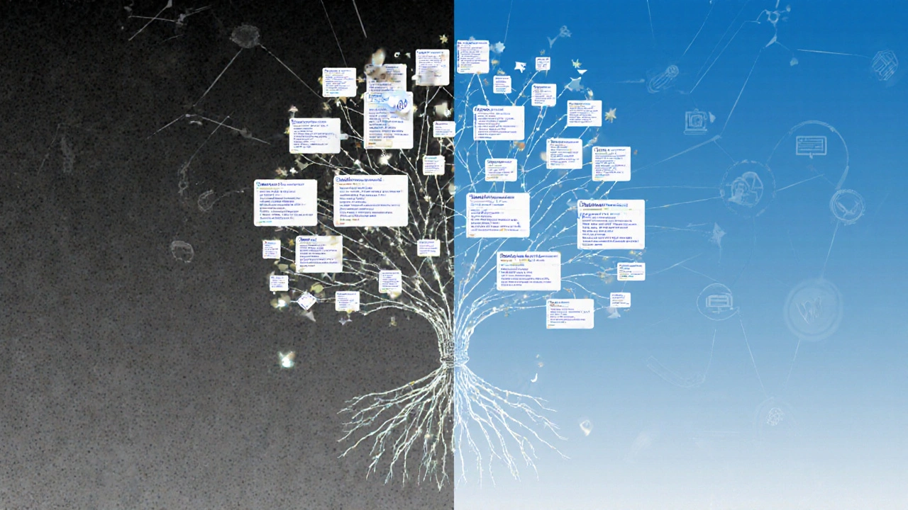 A citation tree of verified sources feeding a clean AI response, while chaotic misinformation fades below.