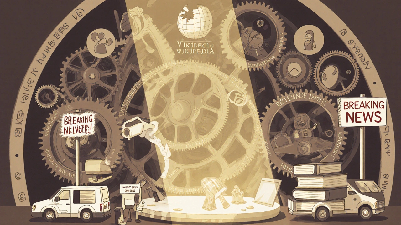 A clockwork mechanism of knowledge, with news vans misfocusing on one broken gear while the rest functions smoothly.