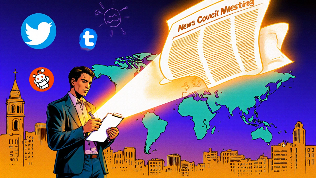 A community reporter at a town meeting, their notes transforming into a news story above a global map in comic book style.