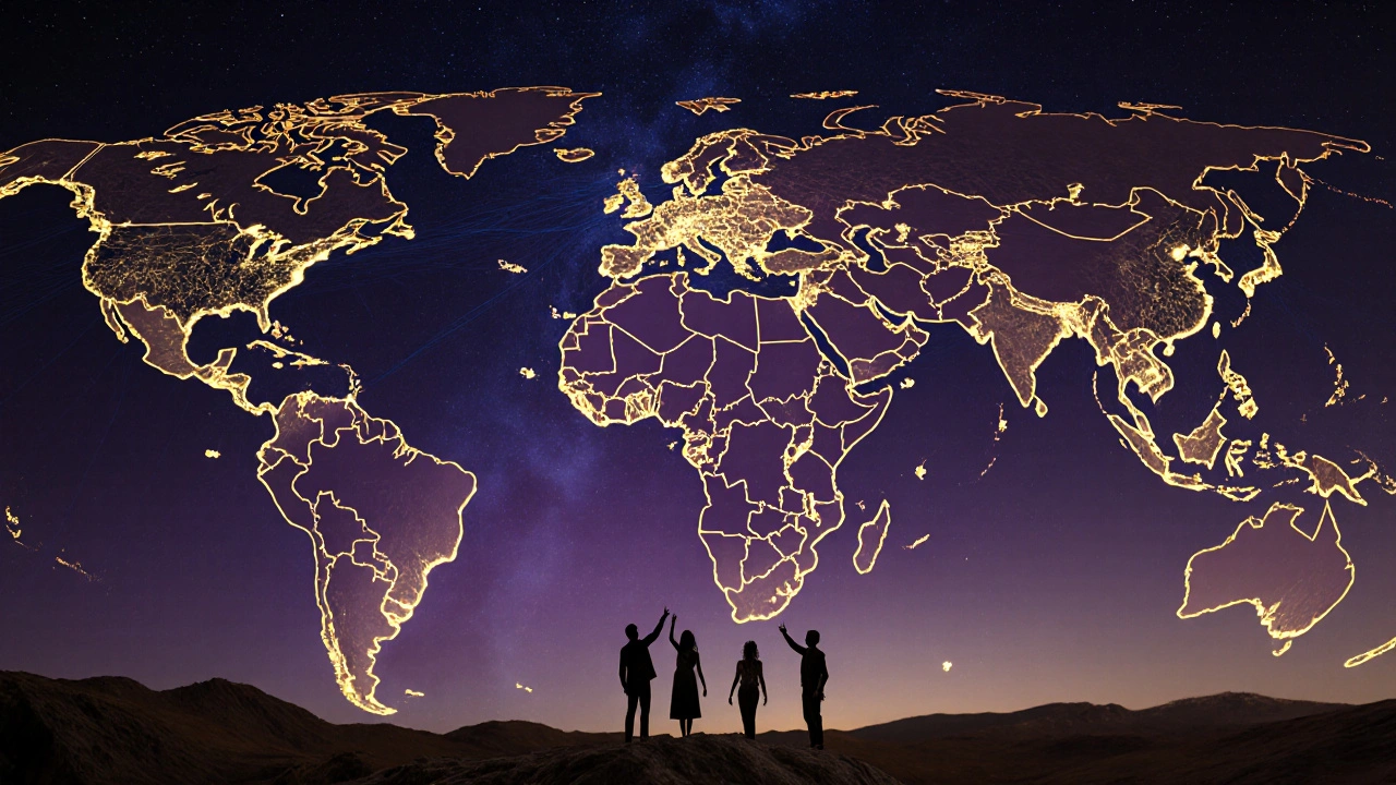 A cosmic network map showing unequal knowledge connections between Western and Global South regions.