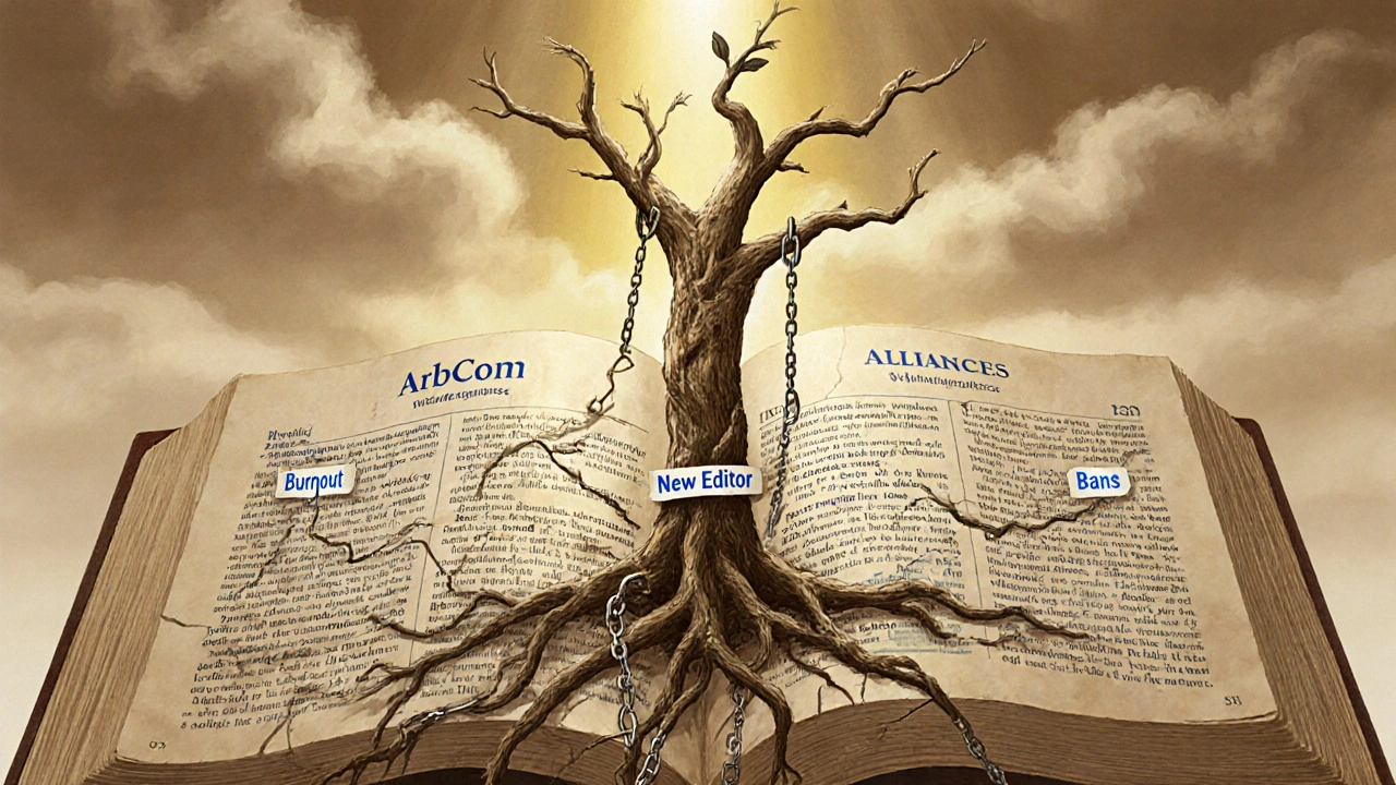 A cracked encyclopedia with tree roots of burnout and bans choking a fragile new editor&#039;s growth.