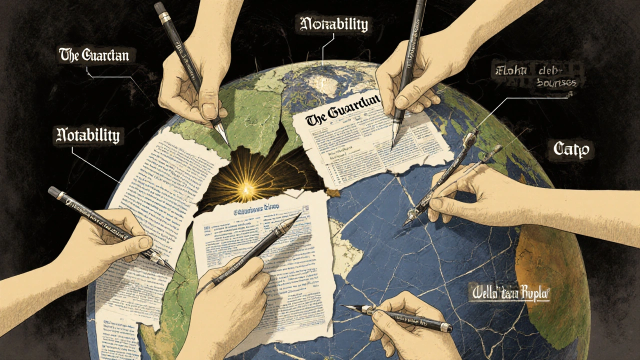 A cracked globe made of Wikipedia pages being patched by hands from different continents, symbolizing global bias in knowledge.