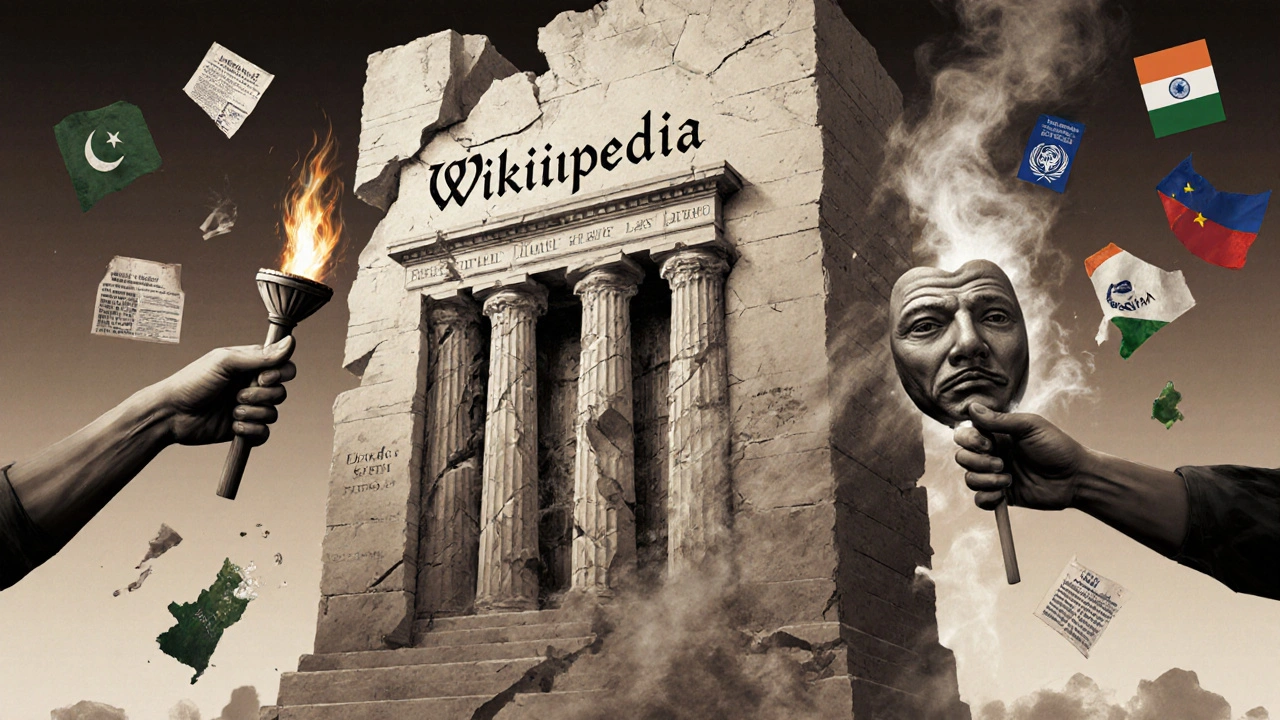 A crumbling library labeled Wikipedia being carved by invisible hands representing truth and propaganda.