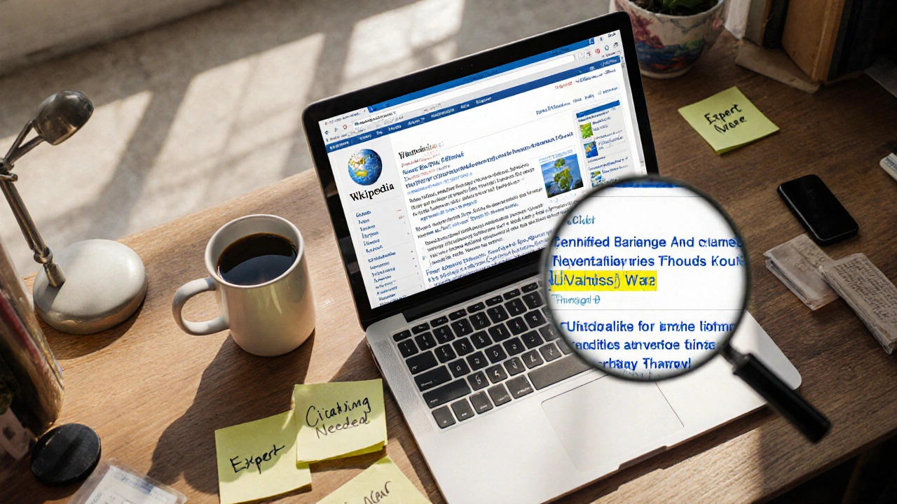 A desk with a laptop showing a Wikipedia talk page, surrounded by notes and a magnifying glass.