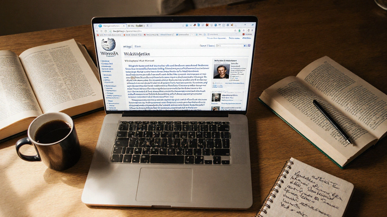 A desk with laptop, books, and notes during Wikipedia editing, highlighting research and citation.