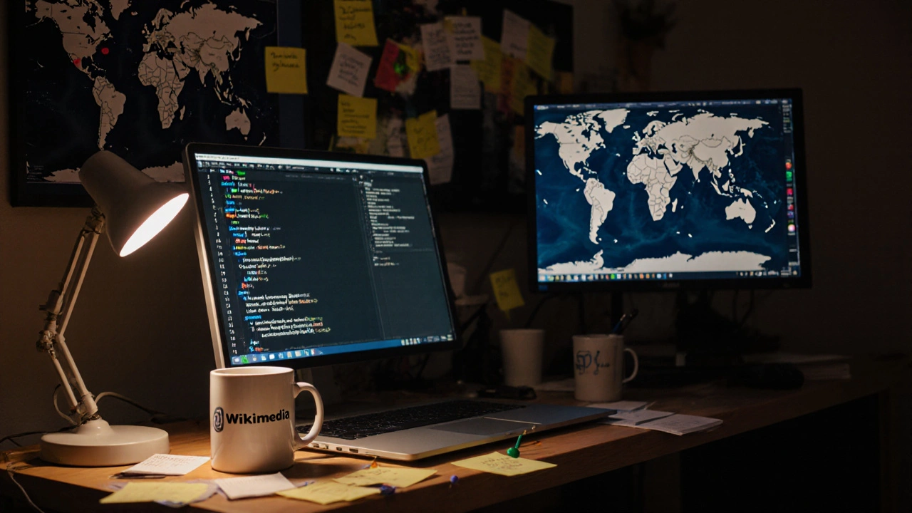 A developer working late at night on MediaWiki code, surrounded by notes and a world map.
