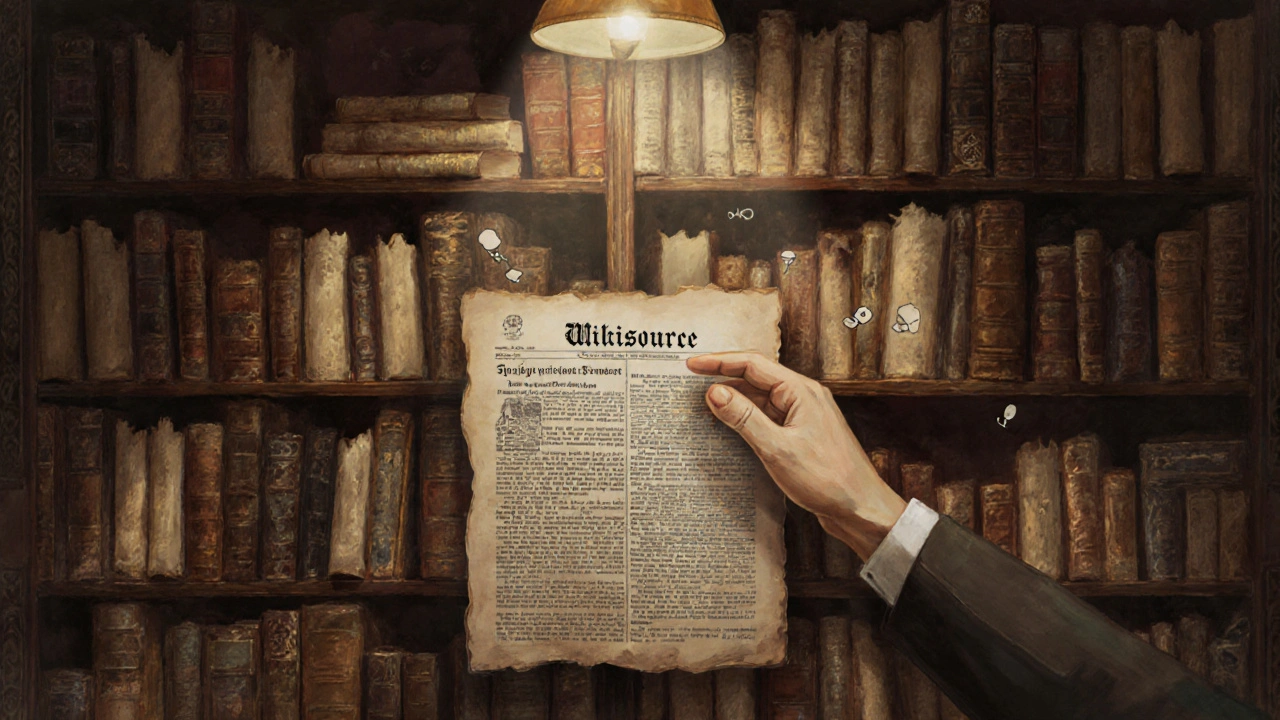 A digital library of historical texts glowing under warm light, representing Wikisource.