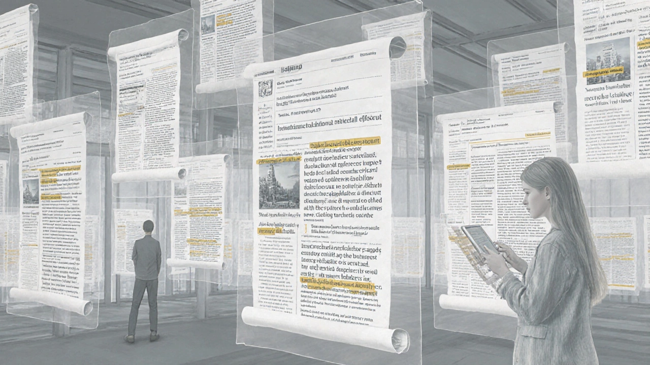 A floating archive of editable news stories in a quiet library, with a researcher and student engaging with the history of facts.