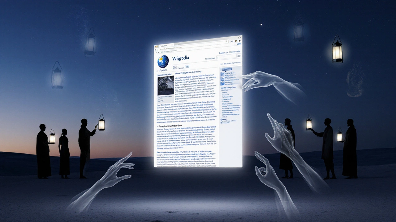 A floating Wikipedia page in twilight, surrounded by ghostly hands correcting text, under a starry digital sky.