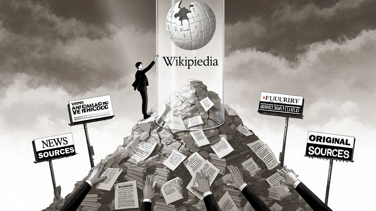 A fragile Wikipedia tower cracking as anonymous hands undermine it, while verified sources lie below.