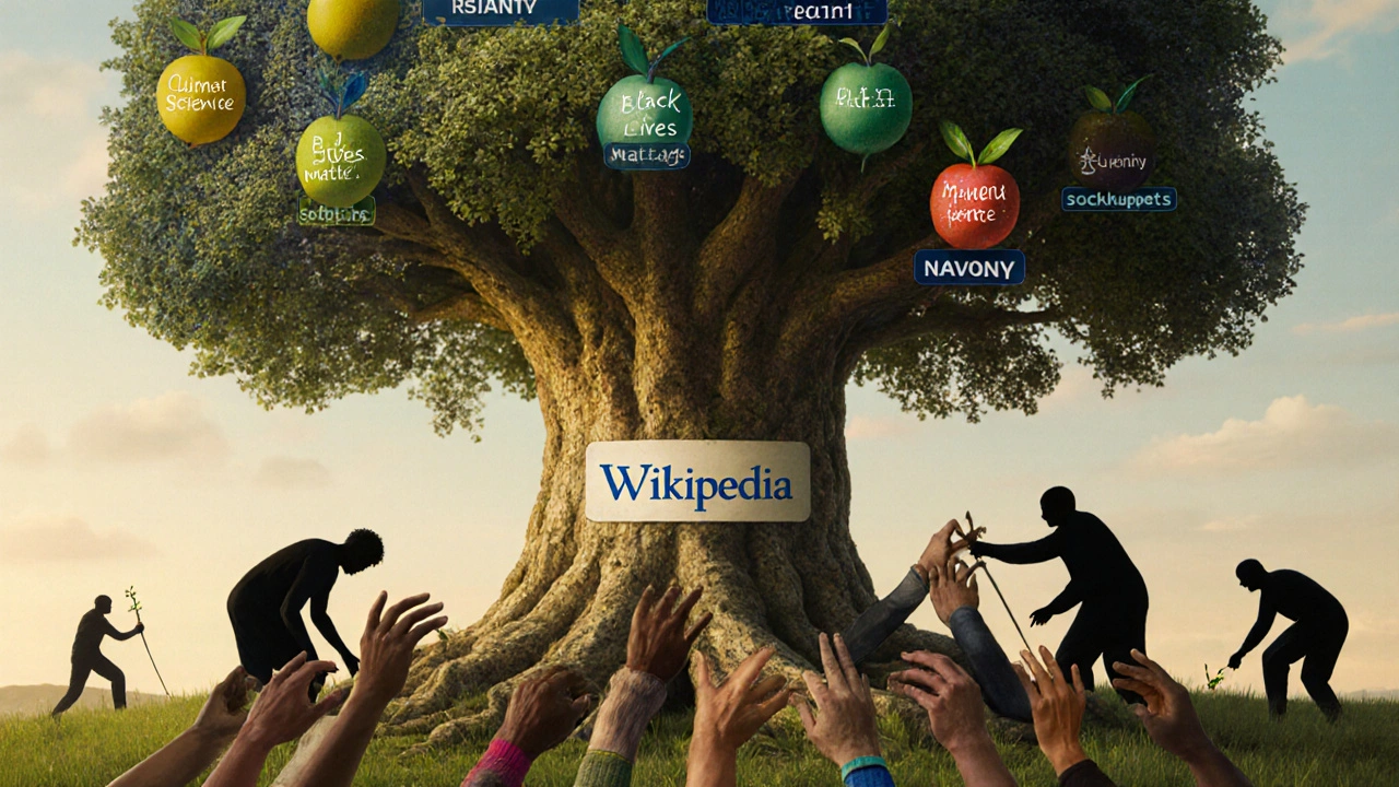 A giant Wikipedia tree with diverse hands planting seeds, while shadowy figures try to cut it down under dawn light.