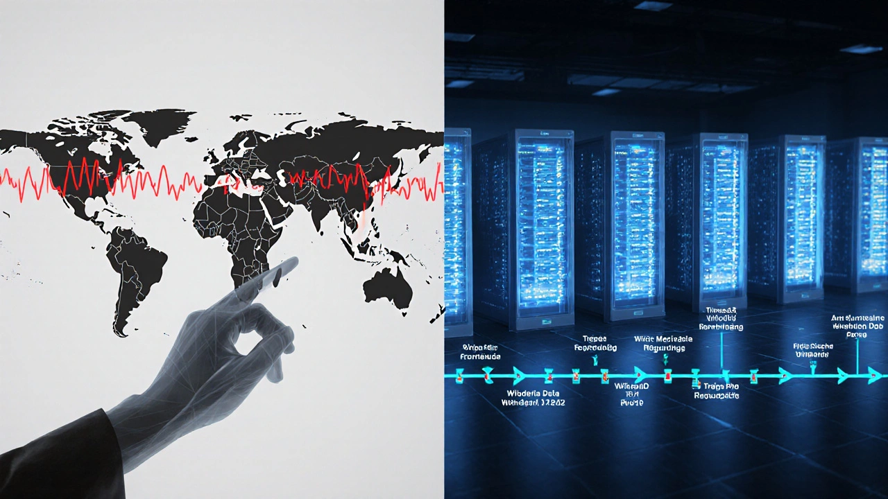 A global map with outage pulses and Wikimedia data center network diagram overlaid with technical timeline.