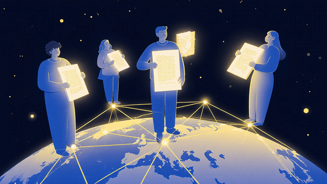 A global network of citizen journalists connected by glowing threads of stories, with a mentor guiding a new contributor.