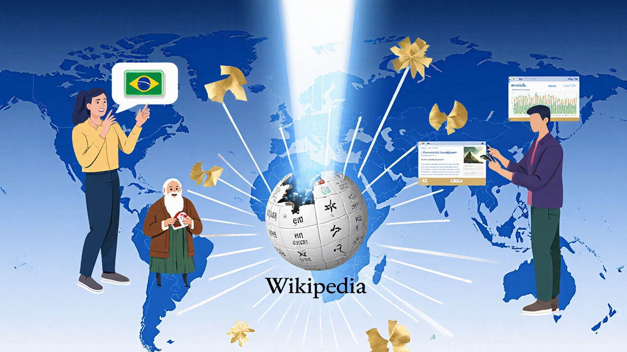 A global network of light connects contributors from Brazil, Canada, and India, mending knowledge gaps to form the Wikipedia logo.