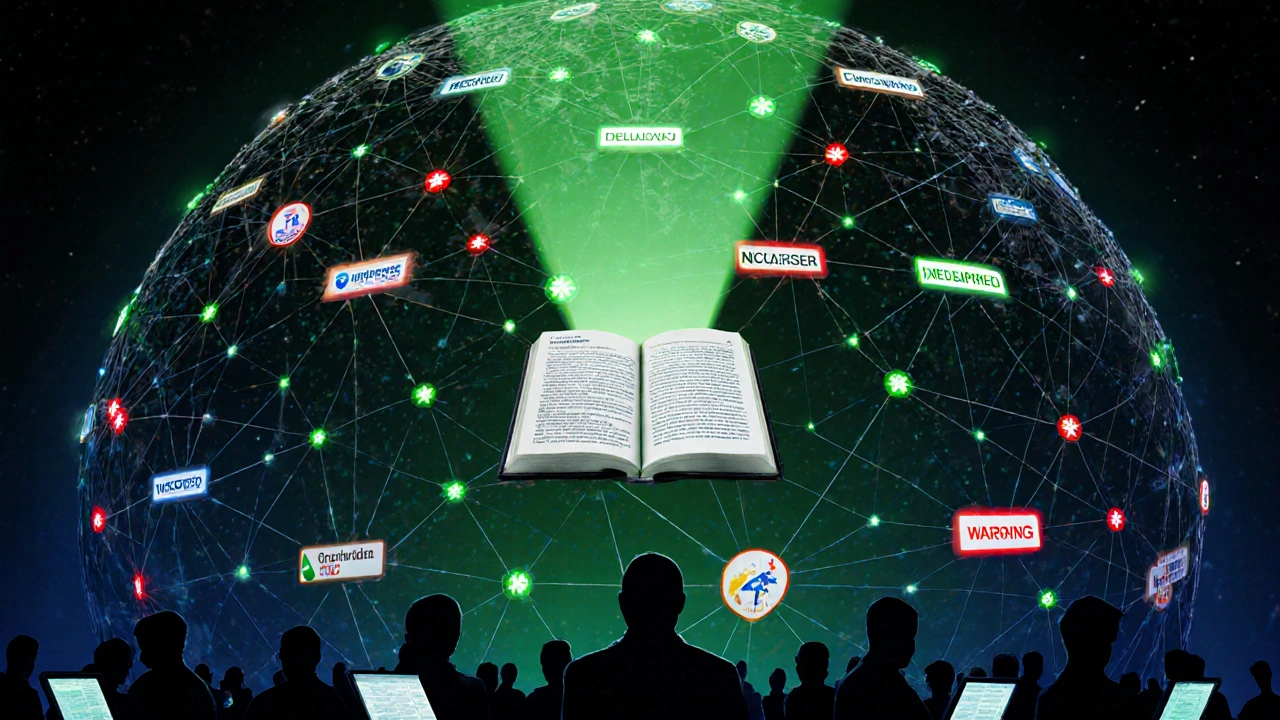 A glowing globe with red warning pulses on corporate and political edits, green trust signals from disclosed edits.