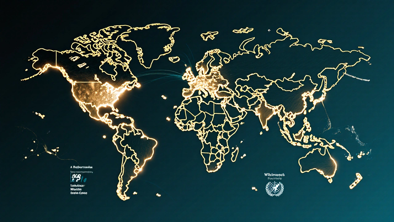 A glowing network of global contributors connecting official health data and misinformation alerts in a digital coordination system.