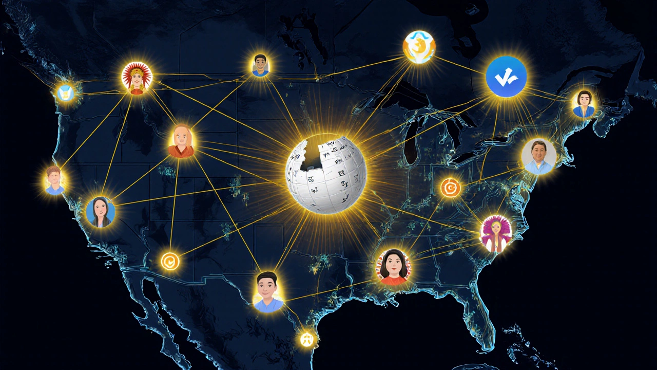 A glowing network of light connecting rural communities to Wikipedia, symbolizing grassroots editing growth.