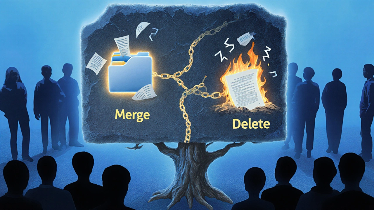 A glowing stone decision tree showing merge and delete paths with citations and sources.