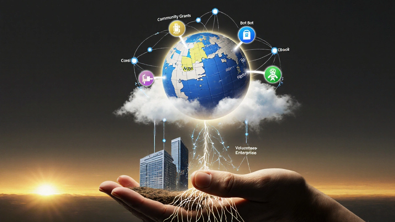 A glowing Wikipedia logo with data streams flowing to community grants and corporate clients, rooted in volunteer effort.