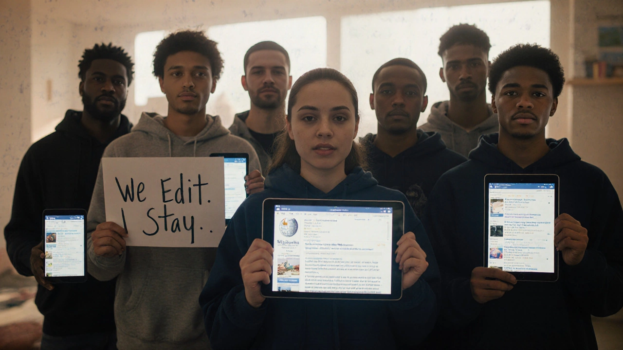 A group of diverse editors standing together, holding devices showing Wikipedia edits, in a quiet, supportive space.