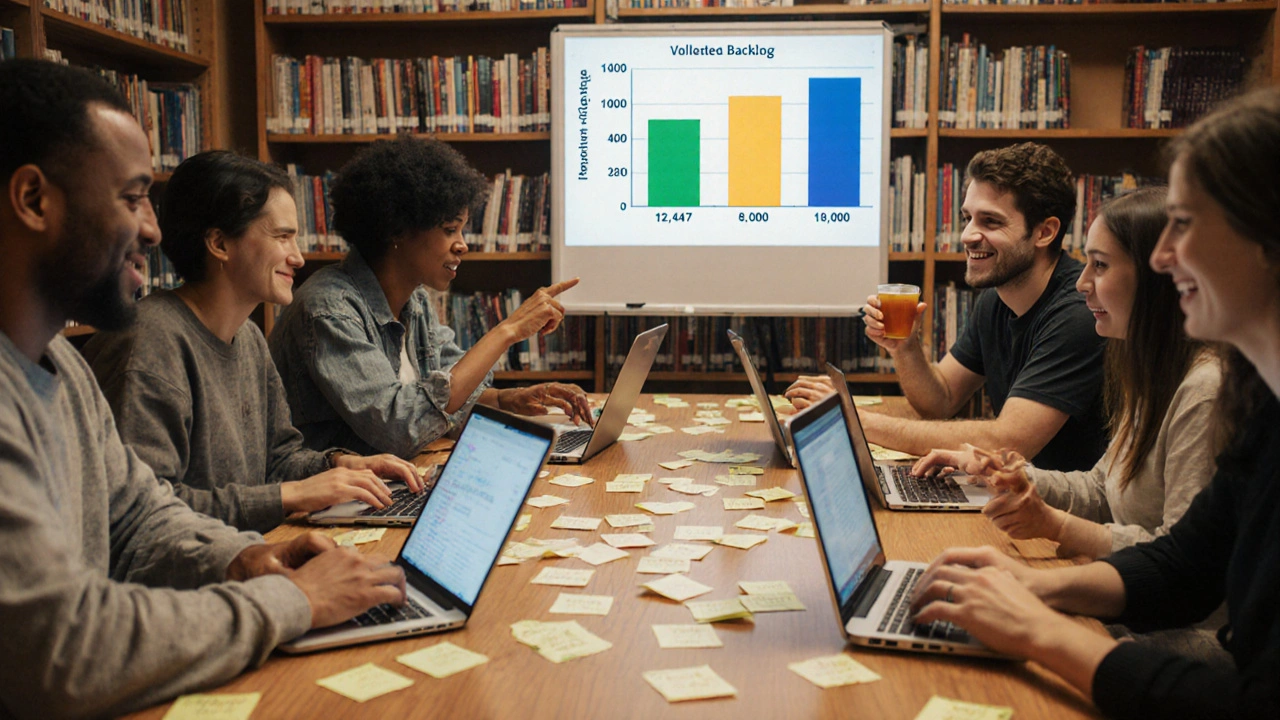 A group of volunteers working together at a library table, reviewing Wikipedia backlog articles on their devices.