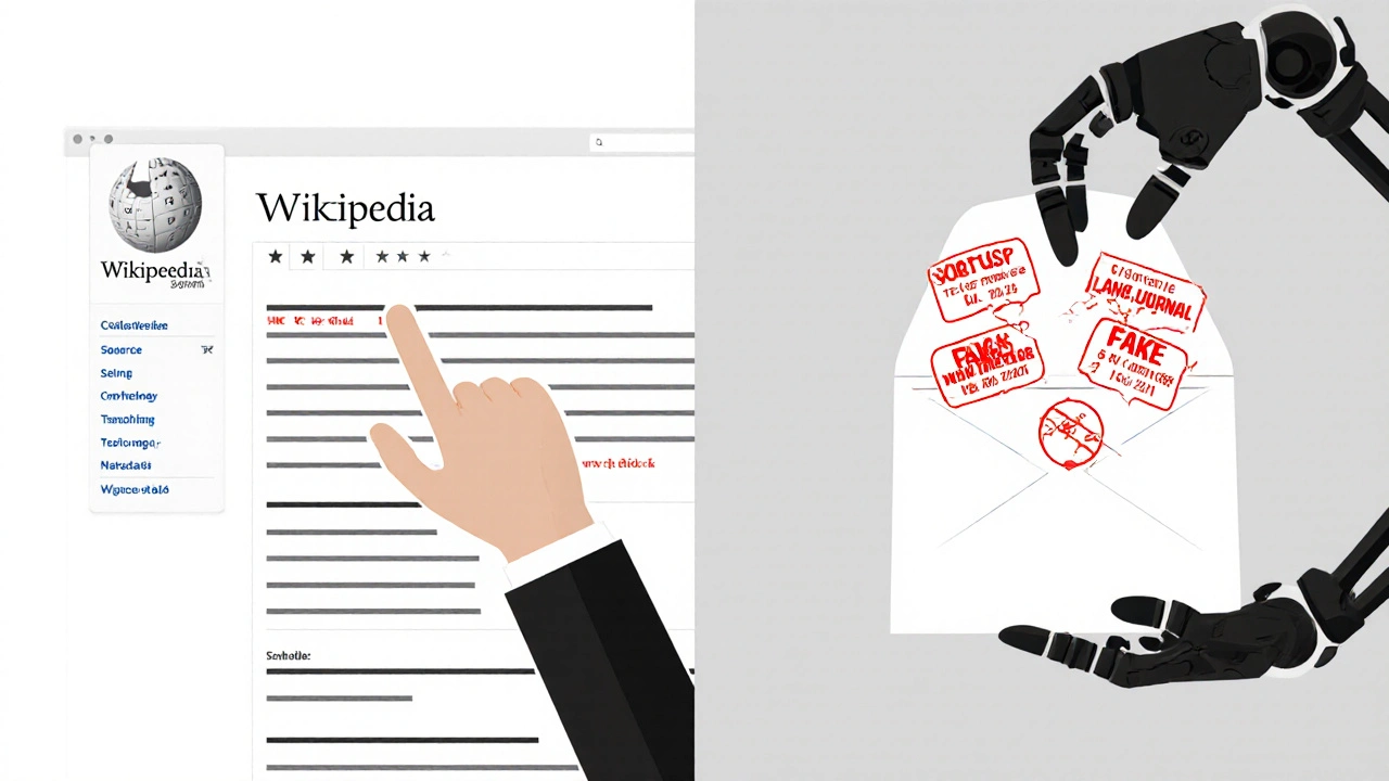 A hand clicking a Wikipedia link versus a robotic arm delivering an AI answer with hidden errors.