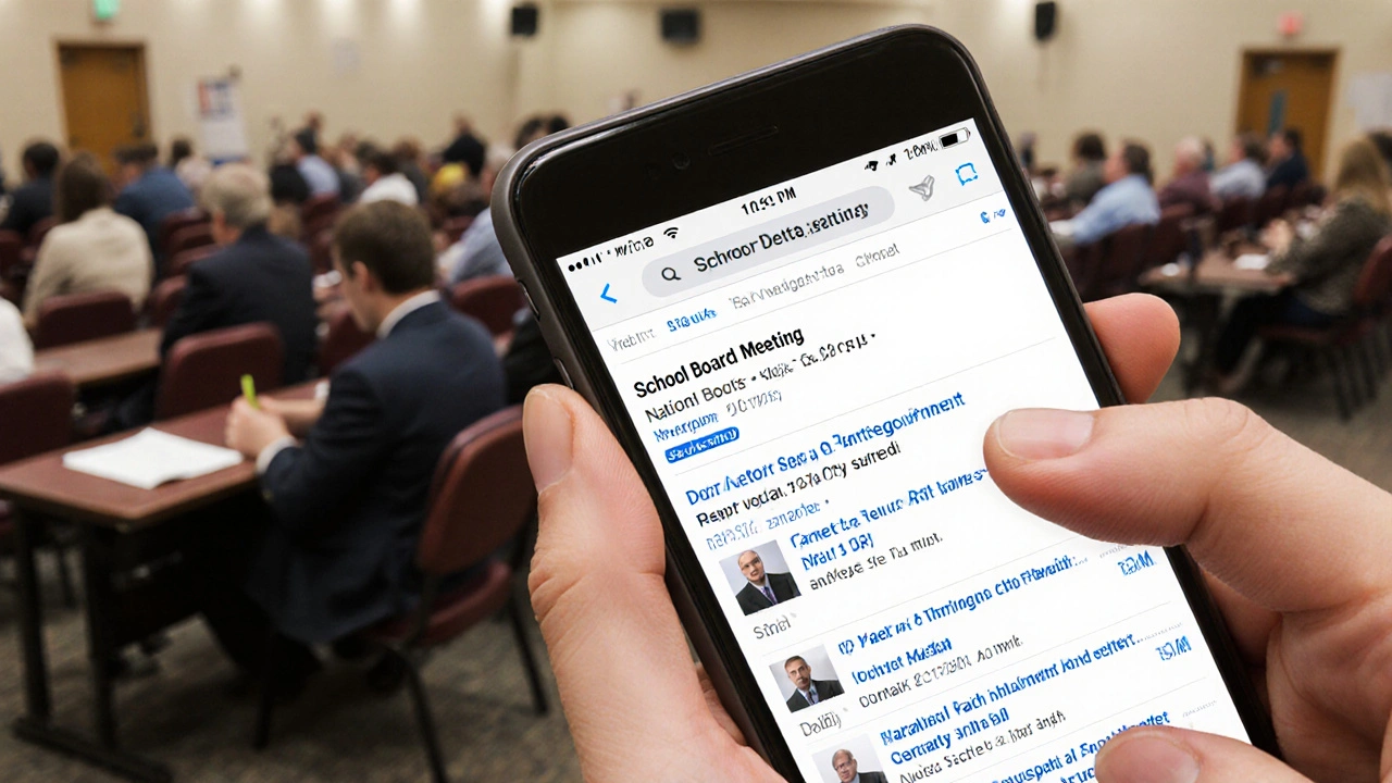 A hand clicking on a Wikipedia page with unreliable citations, while a deserted town hall meeting takes place in the background.