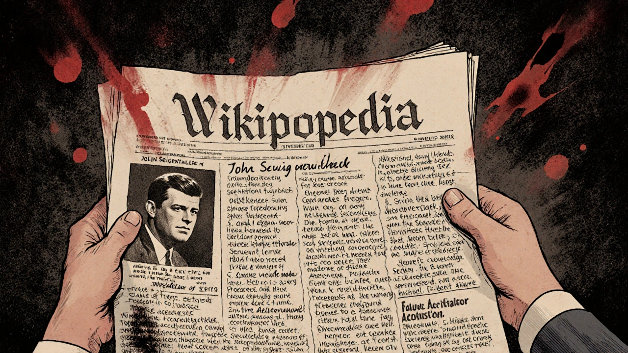 A handwritten op-ed about Wikipedia&#039;s flaws, with a distorted false biography of John Seigenthaler emerging as red ink stains.