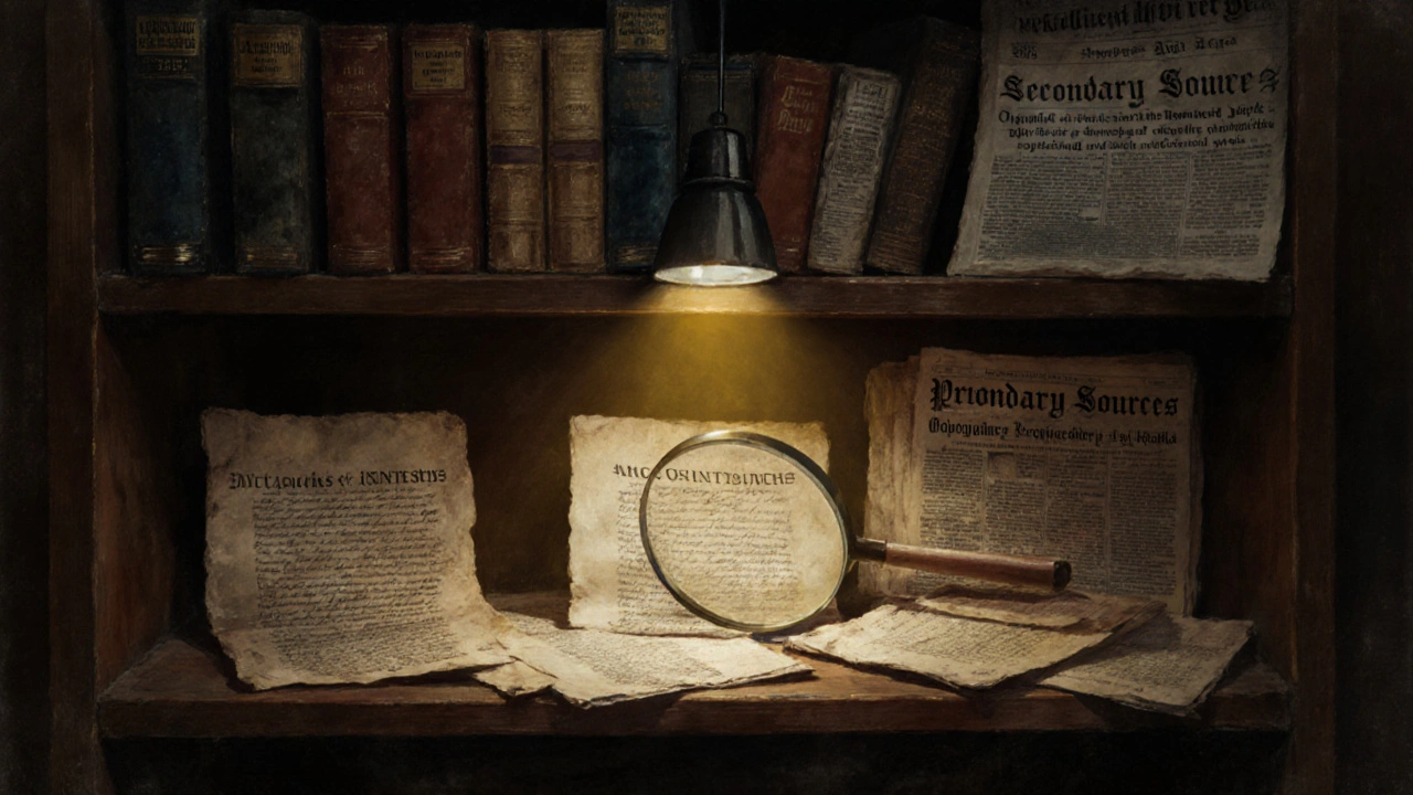 A library shelf with original documents below and curated academic books above, illuminated by selective light.