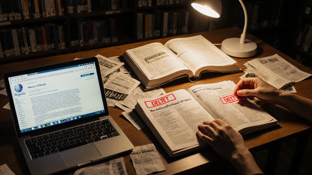 A library table with printed Wikipedia articles, sources, and a decision being made between deleting and merging content.