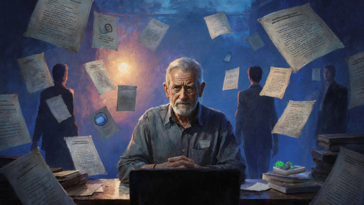 A lone veteran editor sits amid fading edit histories as new contributors approach, in a twilight atmosphere of legacy and renewal.