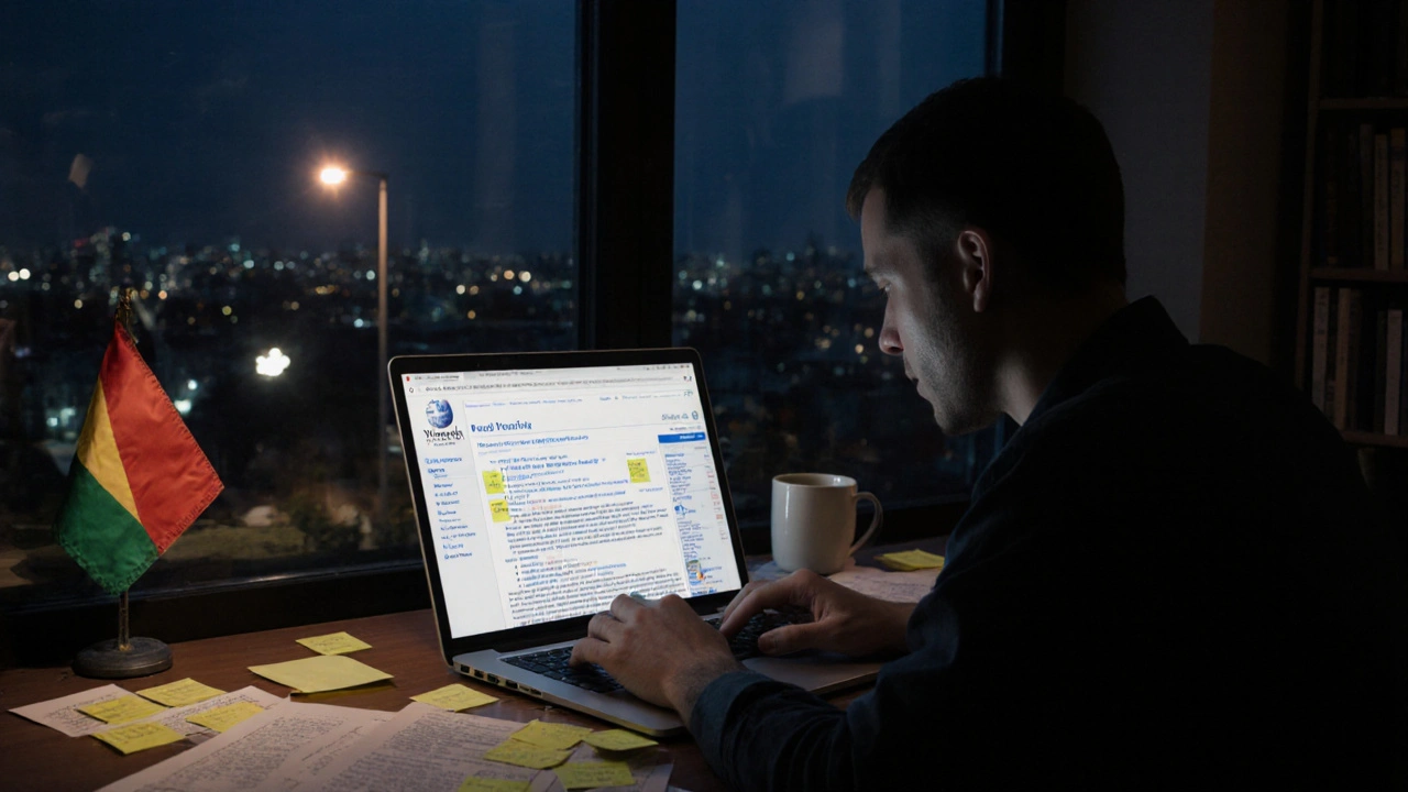 A lone volunteer edits late at night amid citations and sticky notes, symbolizing quiet dedication.