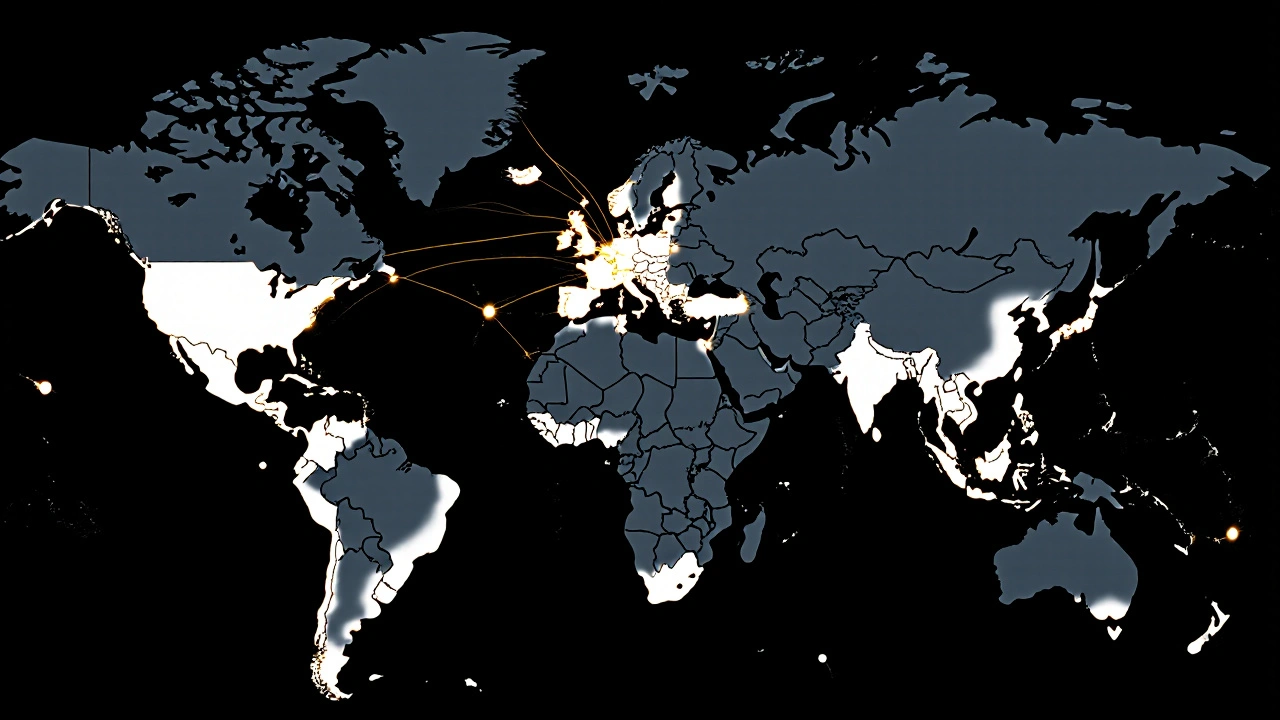 A minimalist globe showing connected news networks in wealthy regions and disconnected areas with no media coverage.