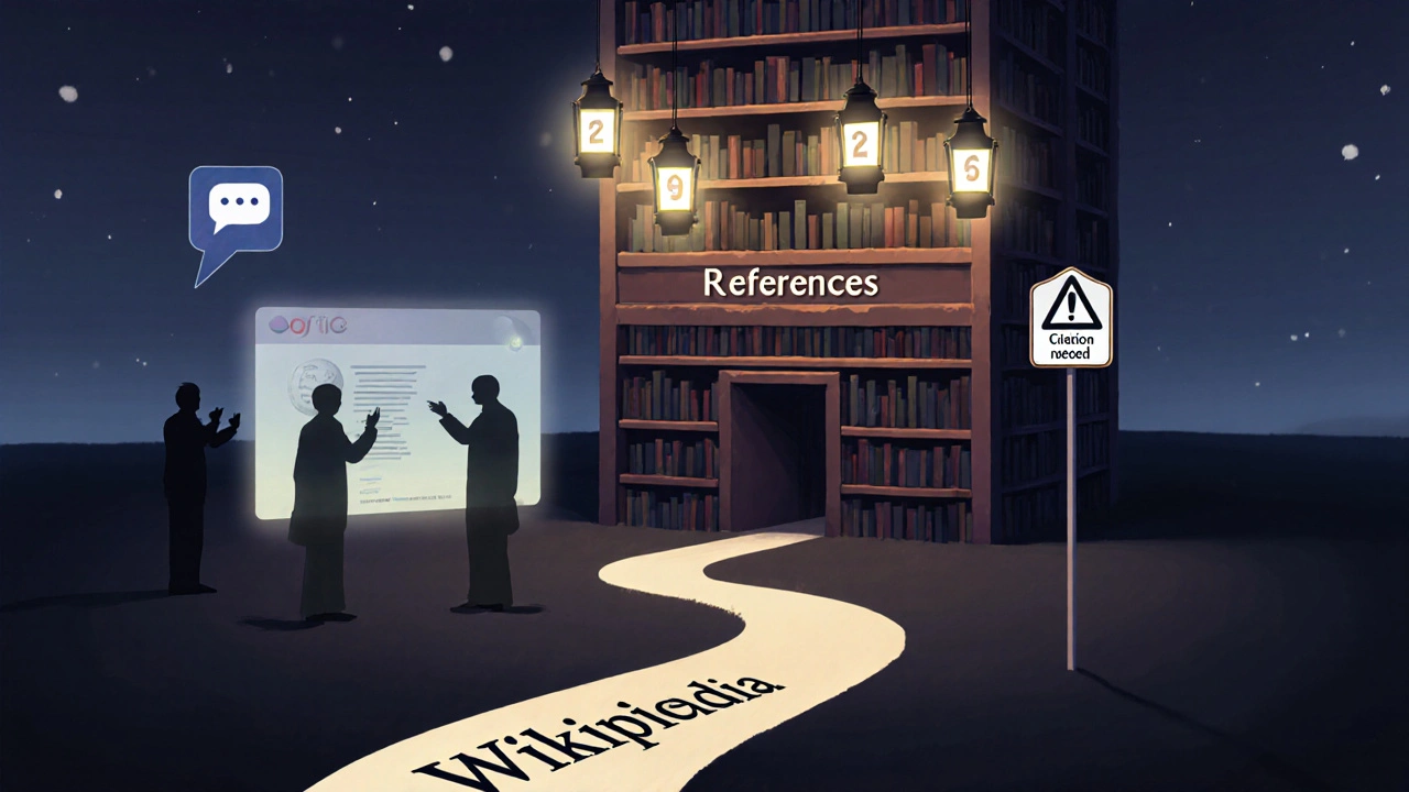 A path leading to a bookshelf of references with glowing citations and warning symbols floating above.