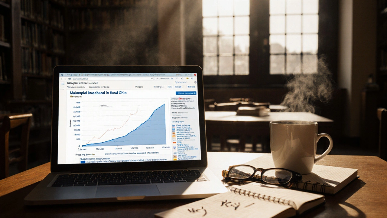 A quiet library at dawn with a laptop displaying a Wikipedia traffic graph for municipal broadband.